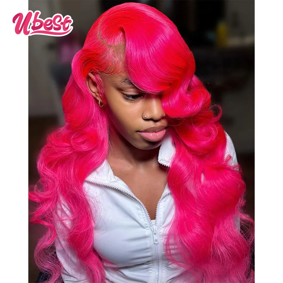 Ubest Pink Red 613 Colored 13X6 Body Wave Transparent Lace Front Wigs 100% Human Hair 200% Density Brazilian Hair Remy Hair Wig