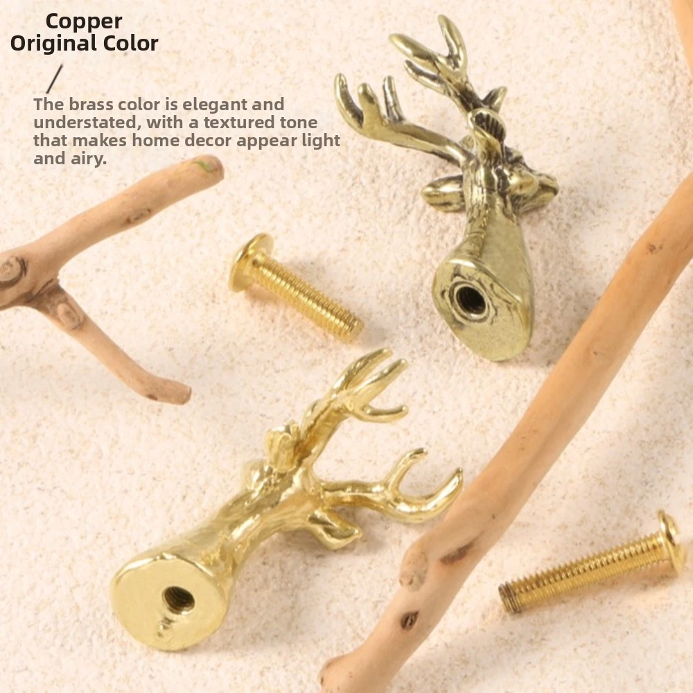 Retro Brass Cabinet Pull Single Hole Furniture Hardware Solid Deer Head Drawer Handle Vintage Home Decor