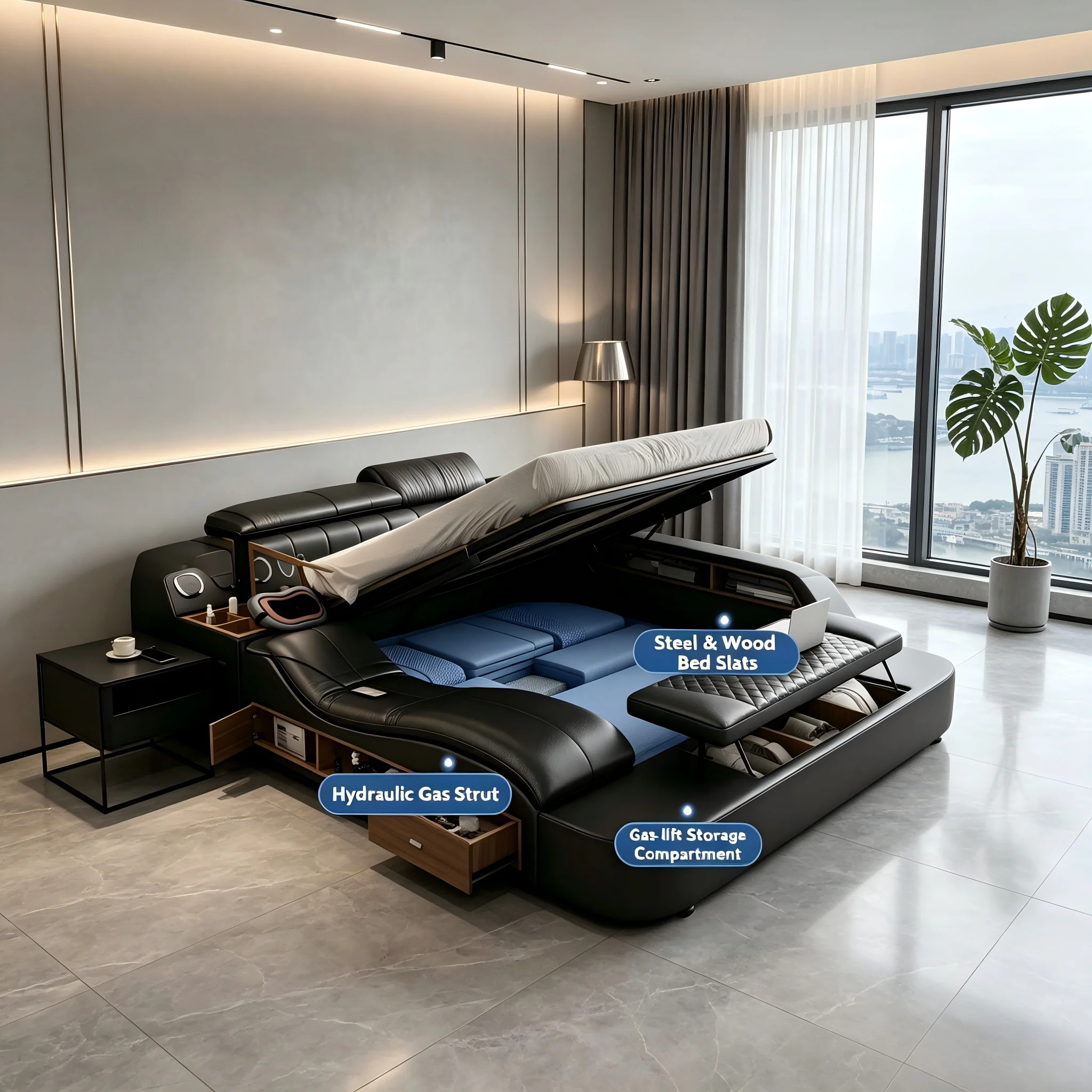 MS-Smart Schlafzimmermöbel mit Stauraum und Massagefunktion für Verstellbares Luxuriöses Gepolstertes Modernes Doppelbett aus Holz in Queen- und King-Size