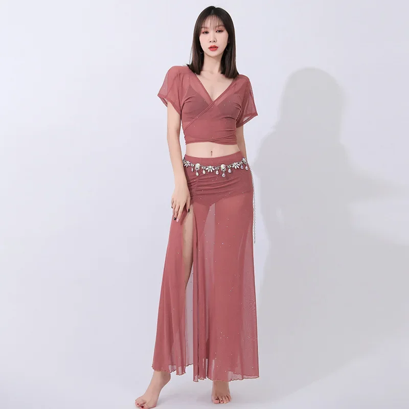 

Multi-wear belly dance dress gauze with flash gentle bean paste powder simple lace-up cross collar dance dress