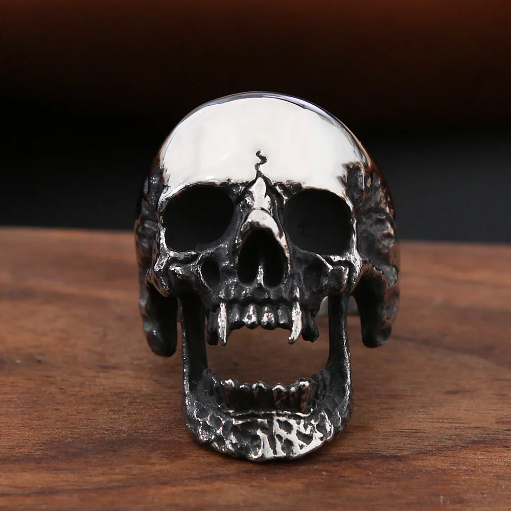 High Polish Gothic Vampire Skull Ring Heavy Skull Mens Stainless Steel Biker Rings Punk Motorcyclist Jewelry Gift Size 7-15