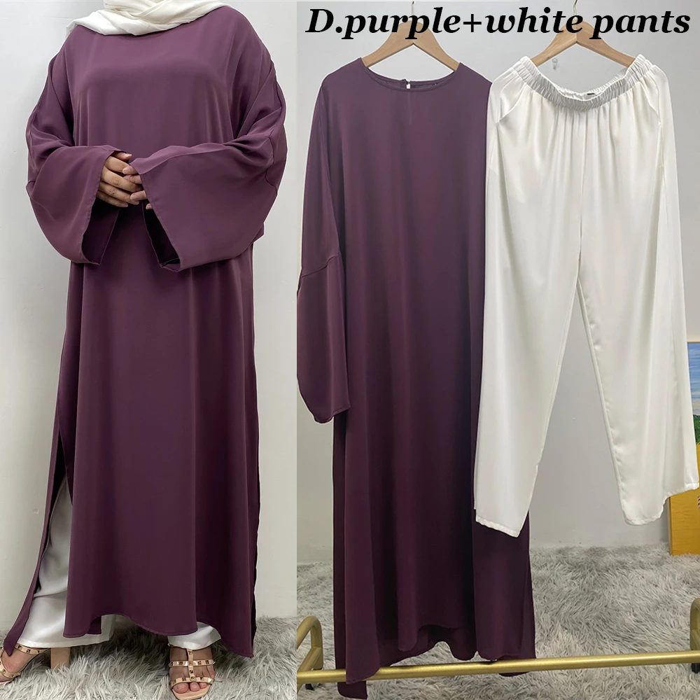 Fashion Solid Pants Two Clothing Turkish Slit Dress Ramadan Dress Muslim Abayas For Woman Moroccan Islam Casual Kebaya Clothing