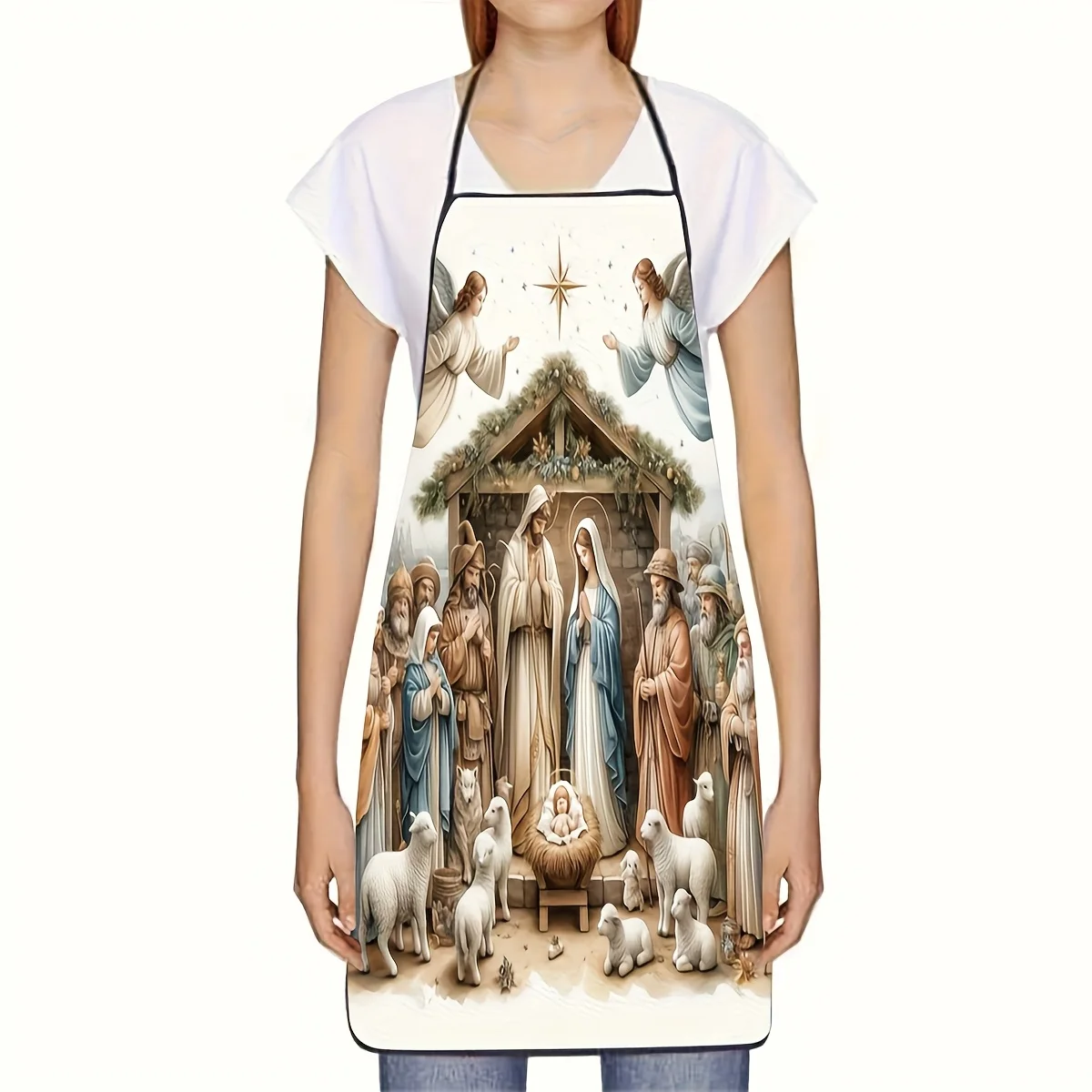 1pc 2D Good Shepherd Angel Religious Apron, Easter Christmas Themed Kitchen Apron, Unisex for Baking, BBQ and Church Events