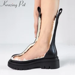 Krazing Pot Leather Winter Shoes Big Size Med Heels Thick Bottom Motorcycles Snow Boots Fur Warm Platform Concise Ankle Boots