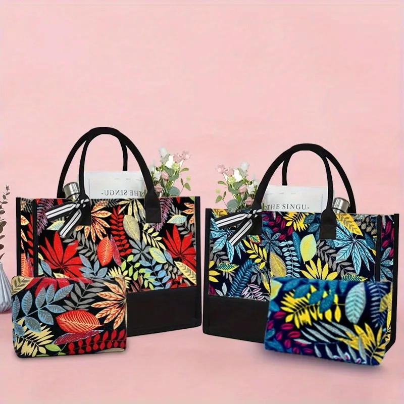 2 Pack Shoulder Bags Canvas Maple Leaf Pattern Handbags Men Women Travel Shopping Bags Waterproof Tote Bags Beach Bags