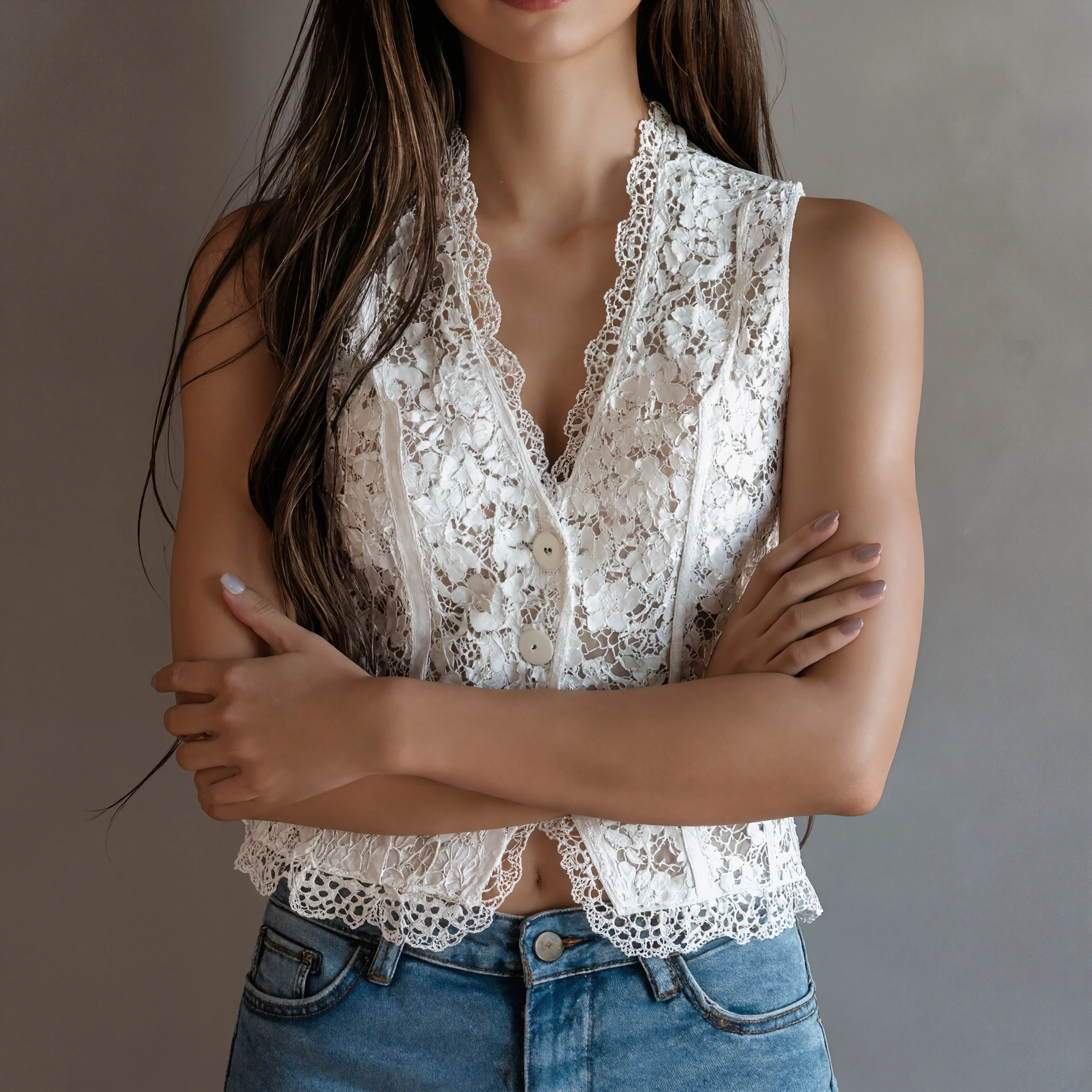 

Summer V Neck Sleeveless Lace Floral Button Vest Tops Elegant Women Tanks Hollow Out Solid Vest Fashion Holiday Shirt Camis