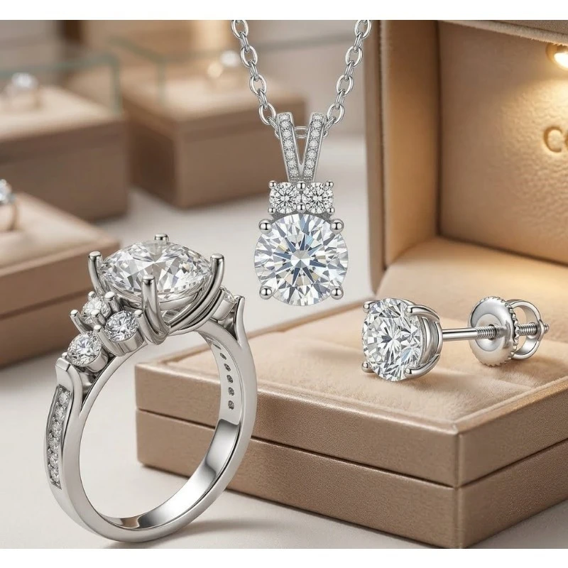Classic round Moissanite 925 Silver Engagement Ring Pendant Earrings Jewelry Set - Wedding Accessories with Sparkling Stones