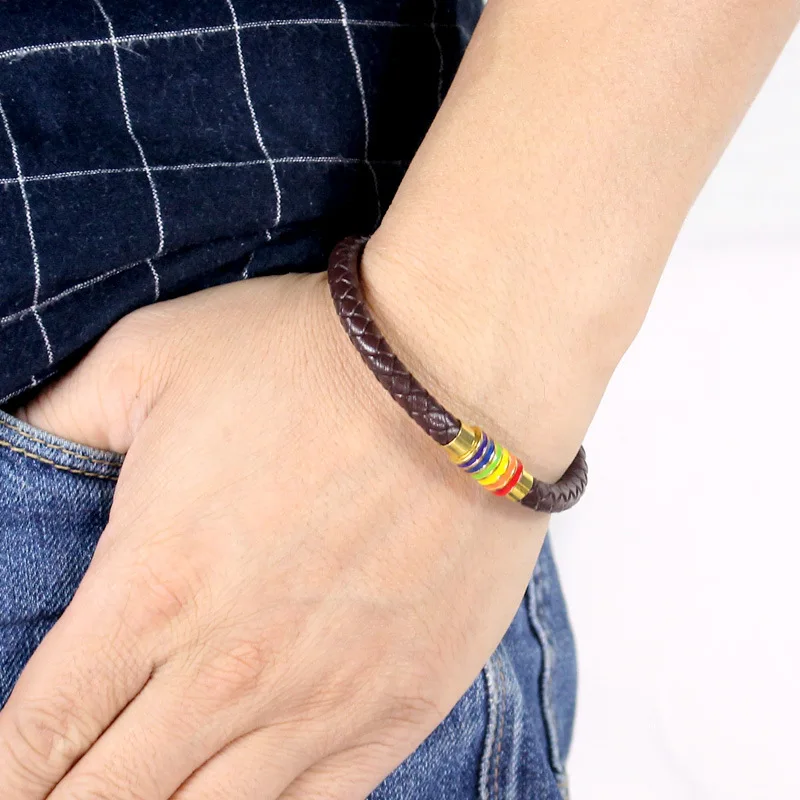 PU Leather Bracelet Women Men Stainless Steel Gay Pride Rainbow Magnetic Weave Plaited Wristband Charms Bracelet Gift