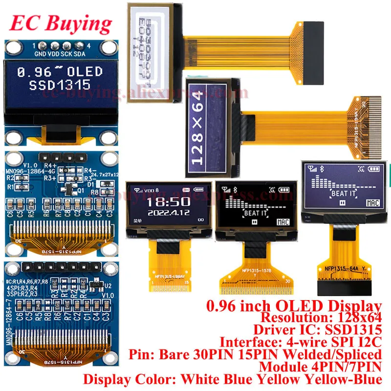 5Pcs/1pc 0.96 inch OLED Display Module 0.96'' LCD Bare Screen 128X64 12864 SSD1315 IIC I2C SPI 7Pin/4Pin 30PIN White Blue Yellow