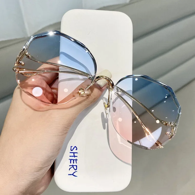 Luxury Round Gradient Sunglasses Women Metal Curved Eyewear Ocean Rimless Fashion Sun Glasses Ladies UV400 Oculos De Sol