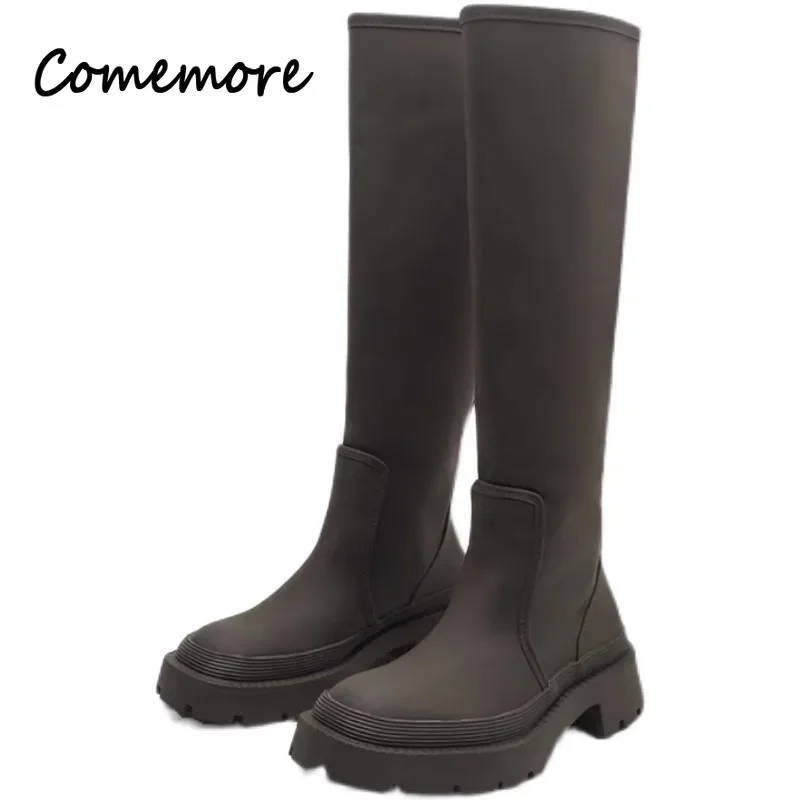 Comemore Autumn Winter Knee High Boot Fashion Shoes Female Footwear Leather Knee-High Motorcycle Booties Luxury Women Long Boots