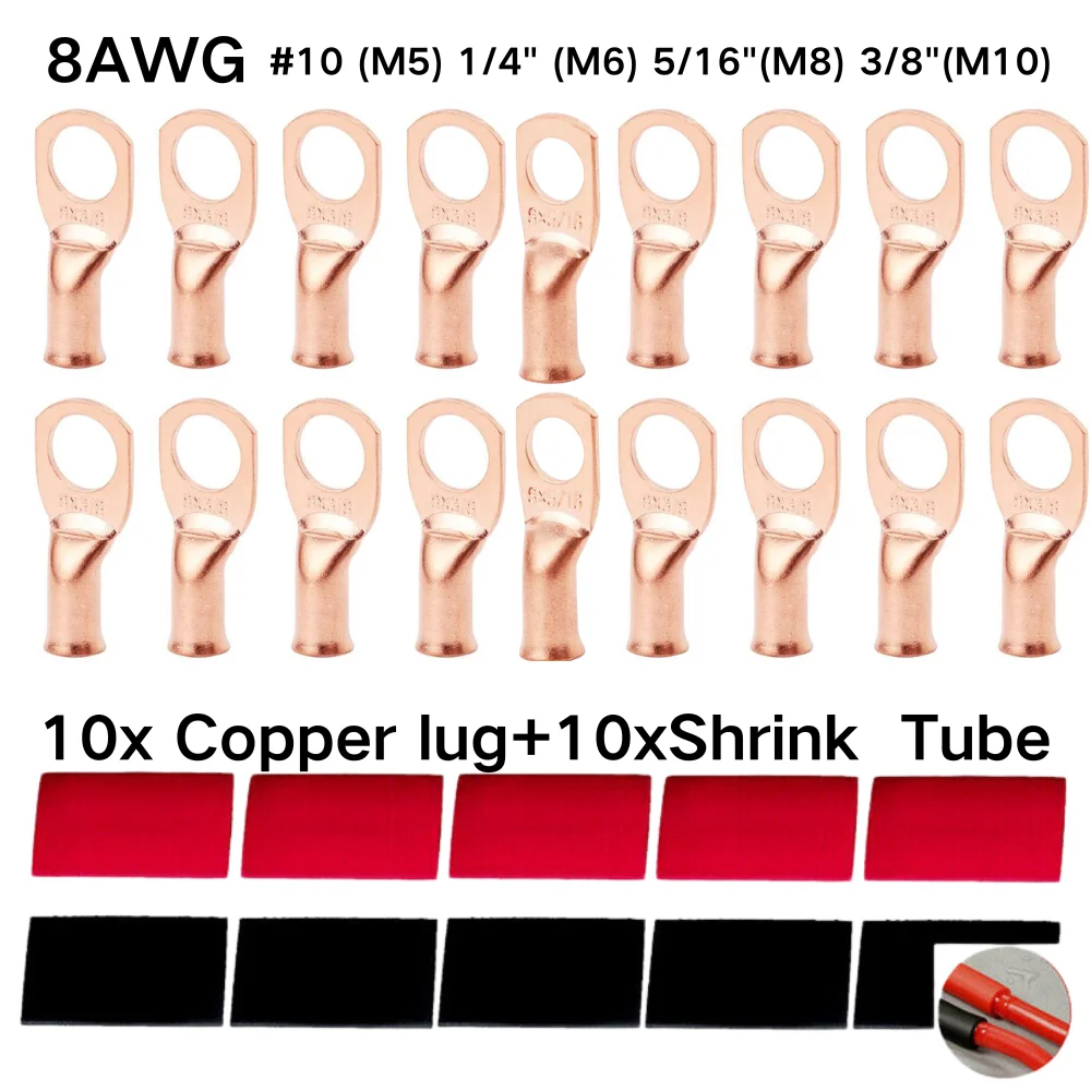 20pcs Copper Terminal Connectors, AWG 8 M5-M10 Ring Lug Kit With Shrink Tubing 10 Battery Cable Lugs, With 10 Shrink Tubing