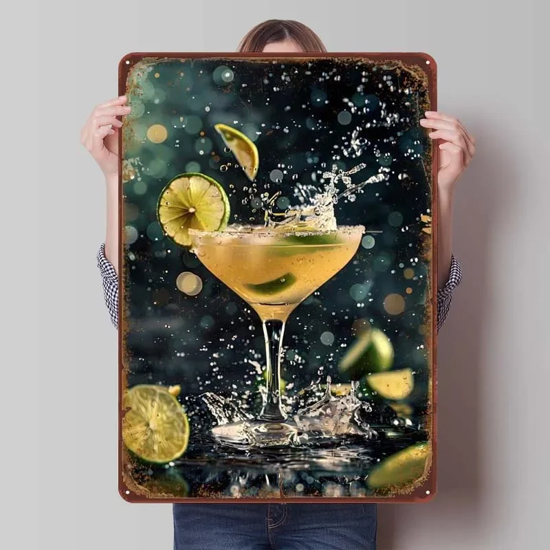 Margarita Cocktail Splash Rusty Food Metal Poster Club America Retro Metal Tin Sign for Bar Home Kitchen Wall Art Decoration