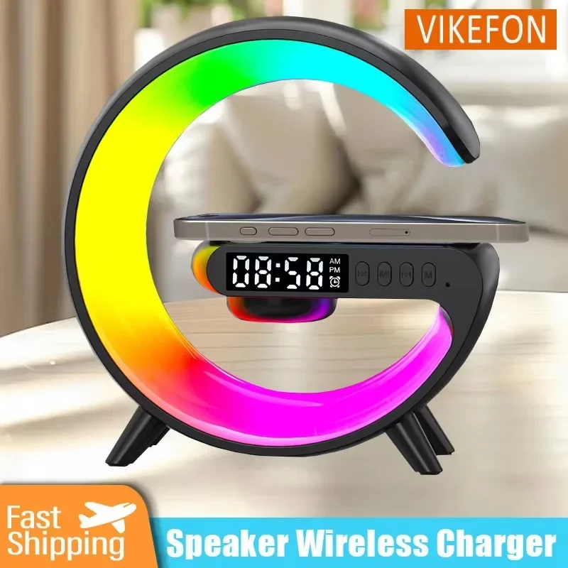 VIKEFON 15W Wireless Charger Pad Stand Multifunction Speaker TF RGB Night Light Fast Charging Station for iPhone Samsung Xiaomi