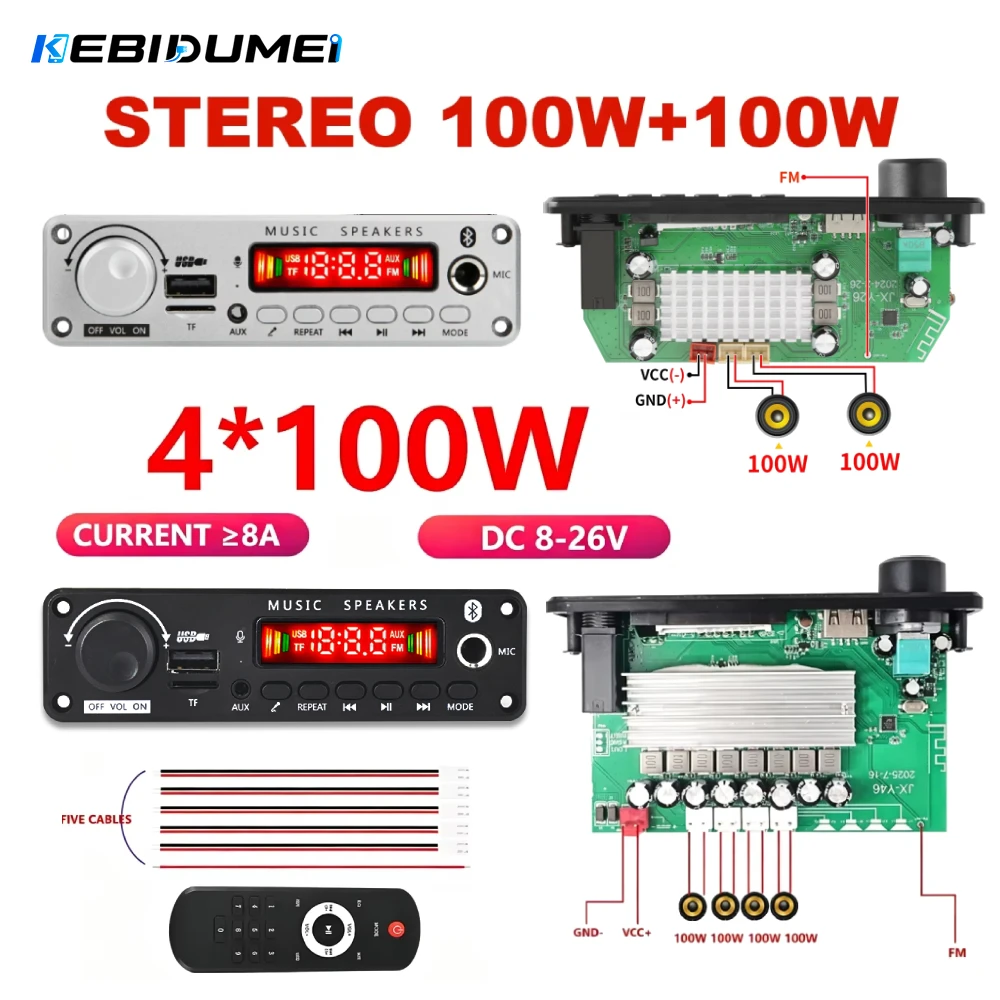 KEBIDUMEI 400W/200W Amplifier Bluetooth DIY MP3 WAV Decoder Board TF Card Slot USB FM with Mic 100W Wireless Car USB MP3 Player