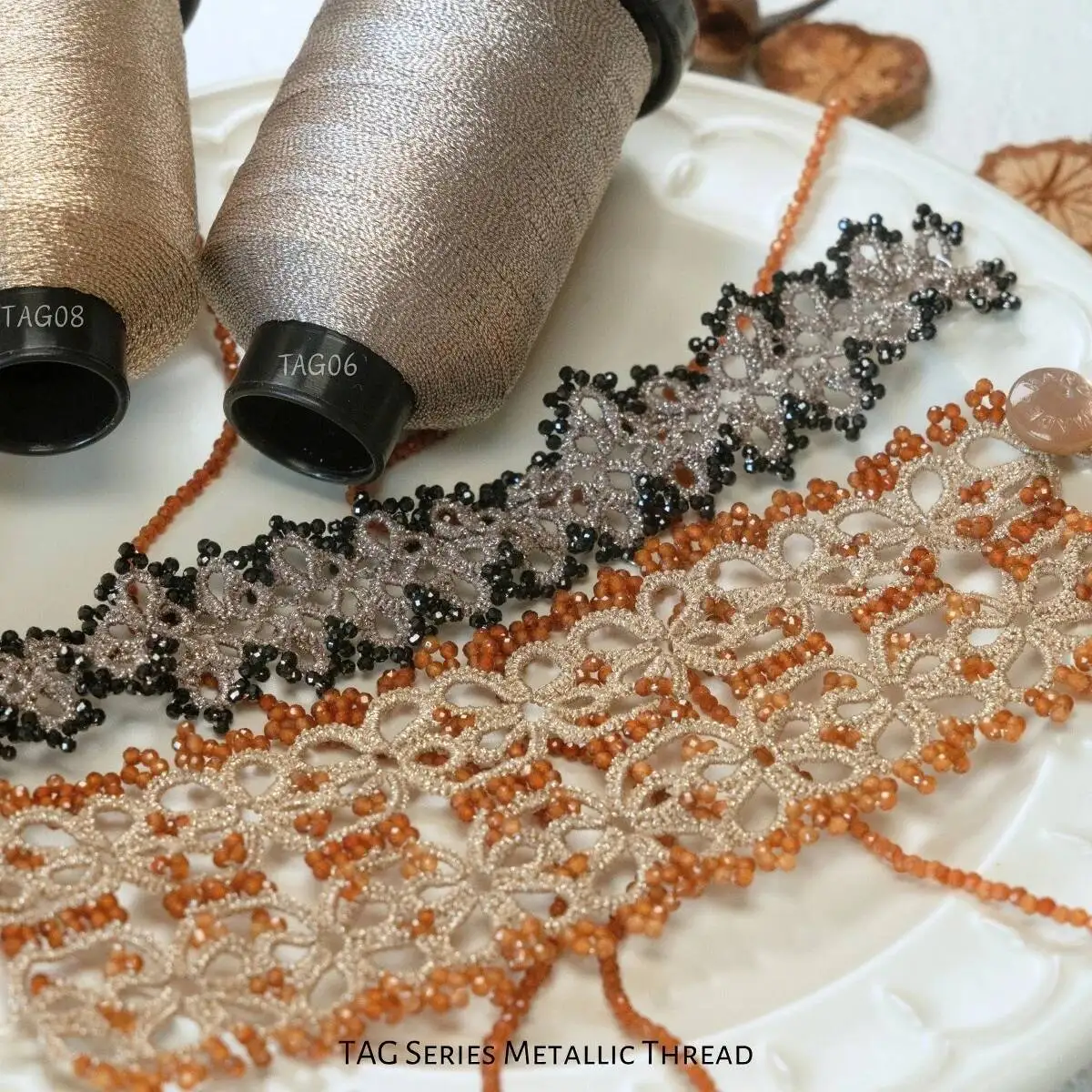 Sanbest conjunto de linha de tatting metálica, 4 fios, para lançadeira, renda, faça você mesmo, pulseira artesanal, brinco, fio de macrame, artesanato