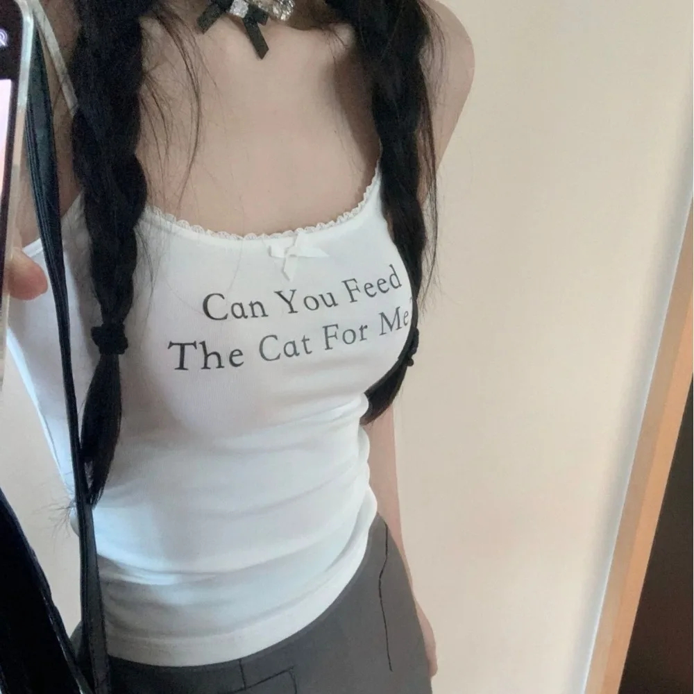 New Lace Alphabet Print Suspenders Patchwork Sleeveless Small Lace Base Vest Streetwear Cami Shirts Women