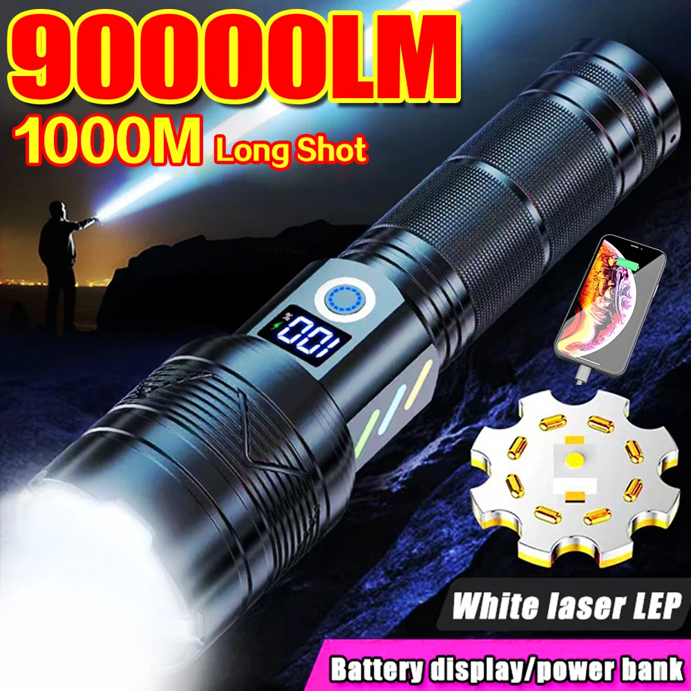 

Powerful LED Flashlight Type-C Rechargeable Torch Zoomable 60W Tactical Lantern 1000M Long Shot for Camping Emergency Power Bank