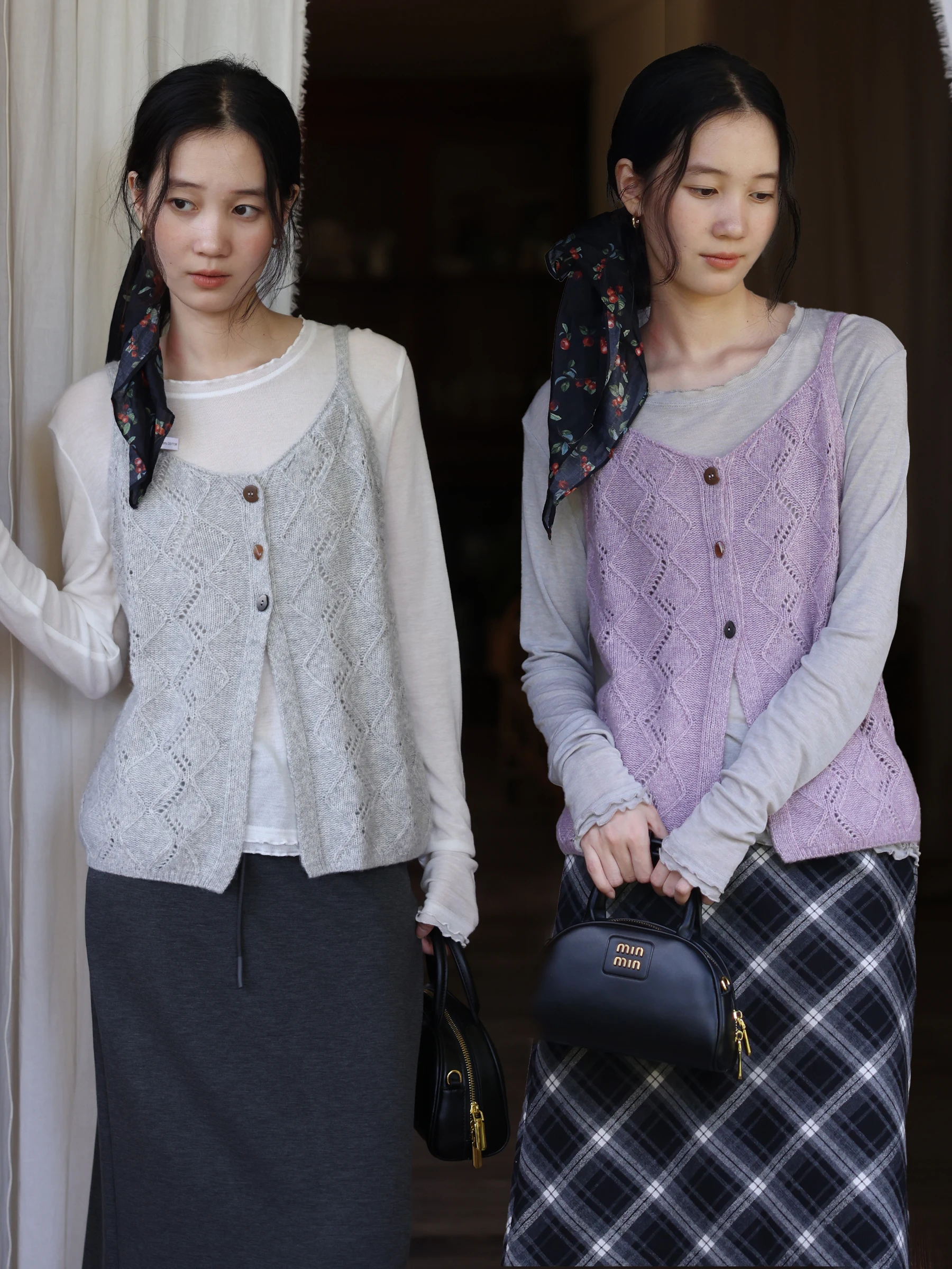 

MUNNS Silver Mist Purple Vine Knitted Hollow out Slim Fit Twist Top Vest Women's Fashion Retro Style Breathable Casual Wear