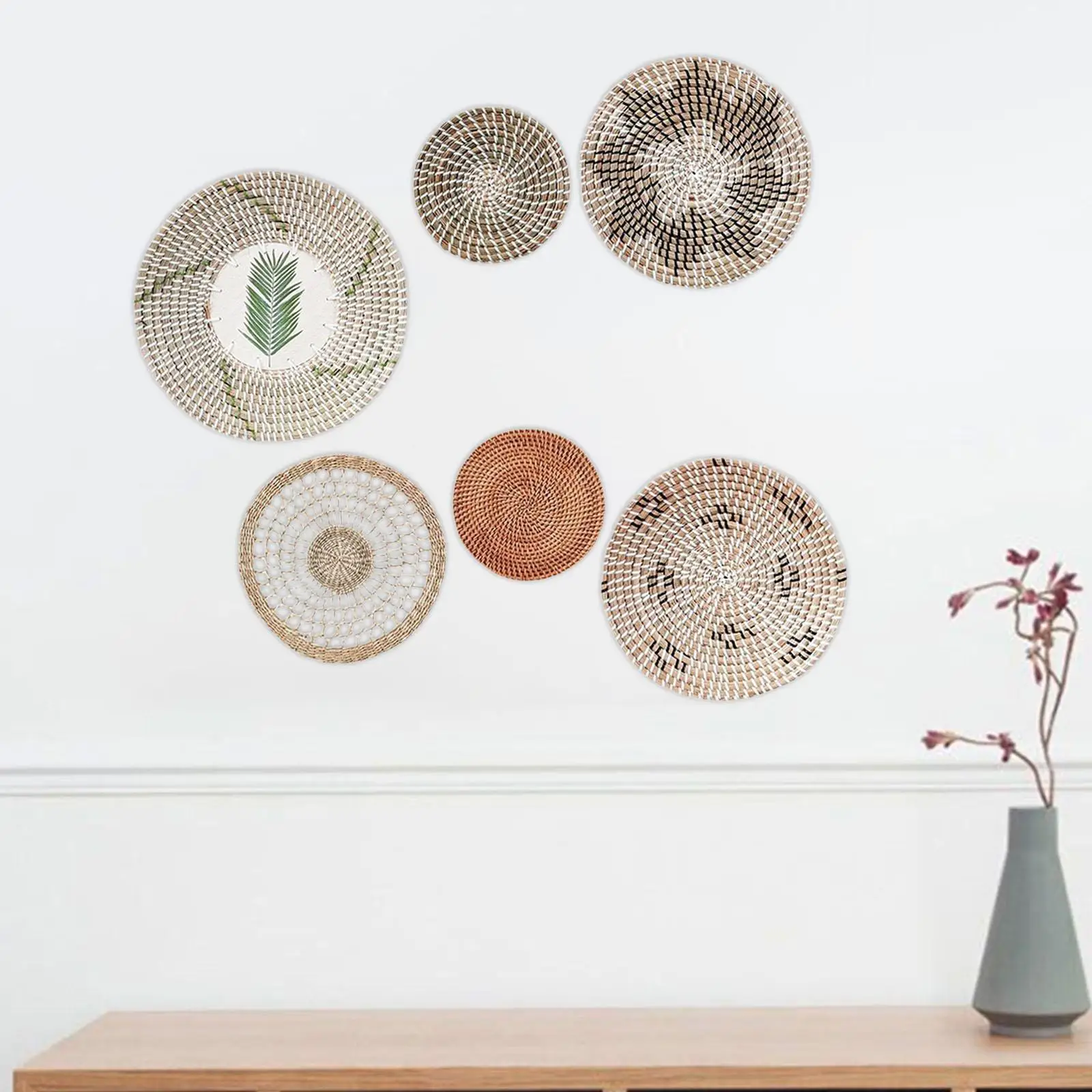 

6Pcs Boho Wall Basket Decor Set Practical Decorative Round Ornaments Home Decor for Restaurant Living Room Hallway Bedroom Porch