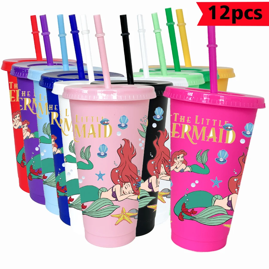 

12 pcs/pack Disney, Mermaid, Ariel 26oz Color Plastic Tumbler Birthday Party Drinking Utensils Juice Coffee Mug