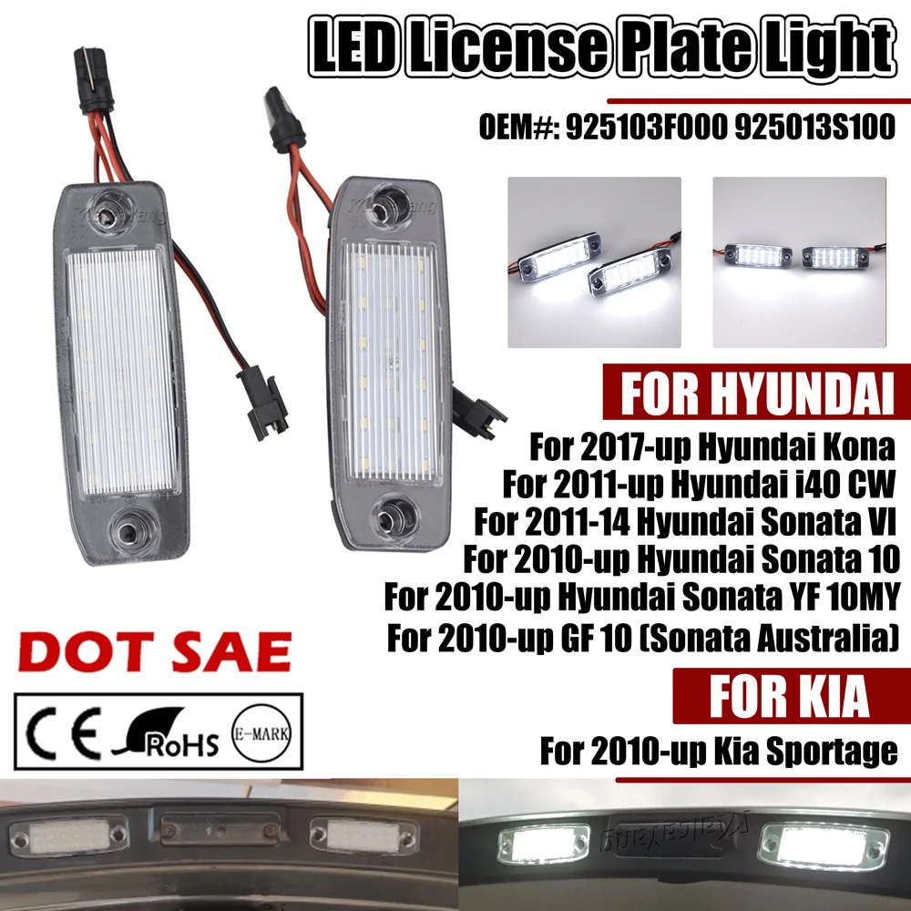 2pcs White LED For Kia Sportage 2010-up For Hyundai Kona 2017- For i40 CW 2011- Car License Plate Lights