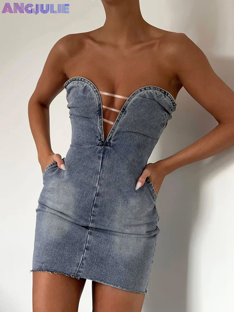 

Angjulie Elegant Strapless Denim Mini Dress Back Zip-up Straight Skinny Deep V-neck Pockets Patchwork Casual Prom Party Clubwear