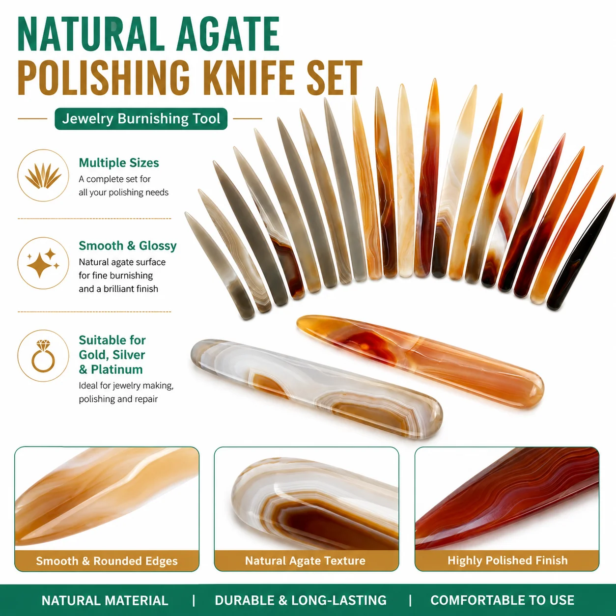 1/6Pcs Agate Burnisher Knife Tool Set,Natural Stone Polishing Burnishing Tool for Golds Silver Jewelry, Craft Polisher for Metal