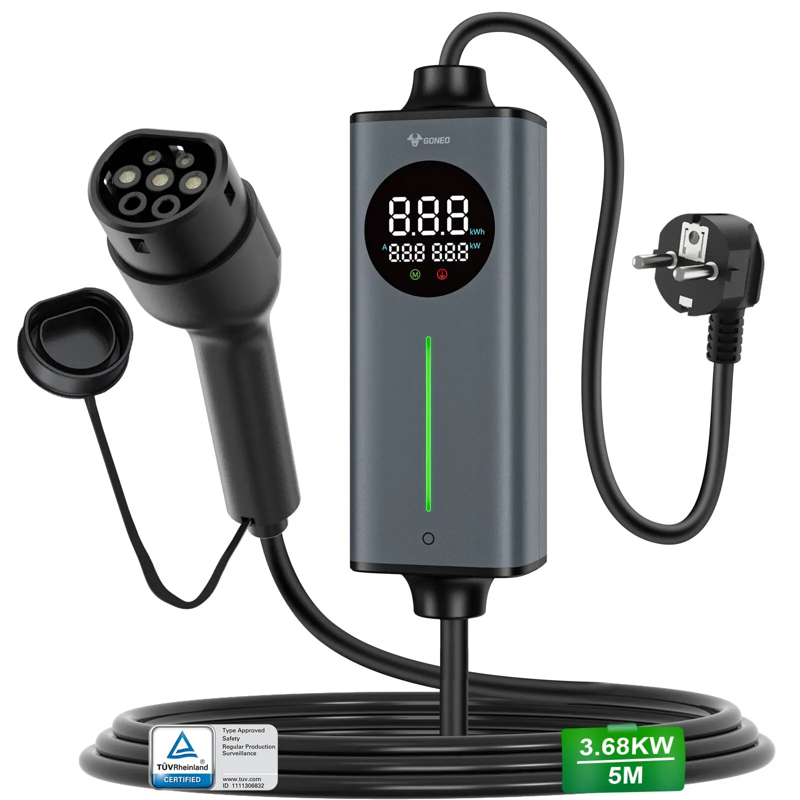 GONEO Draagbare Type 2 EV-lader – Schuko-stekker, voor elektrische auto's & plug-in hybrides ​ Slimme temperatuurregeling, dubbele FI (AC+DC) bescherming, automatische aardingsdetectie, instelbare - afbeelding 1