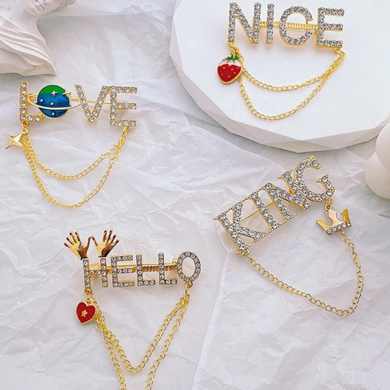 Fashion Tassel Chain Brooches Rhinestone Badge With Letter LOVE NICE KING HELLO Lapel Pins For Women's Sweaters Accessories