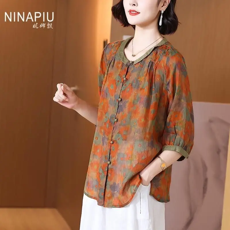 Ramie top for women 2025 summer new style centre-sleeved retro style loose and slim versatile cardigan T-shirt