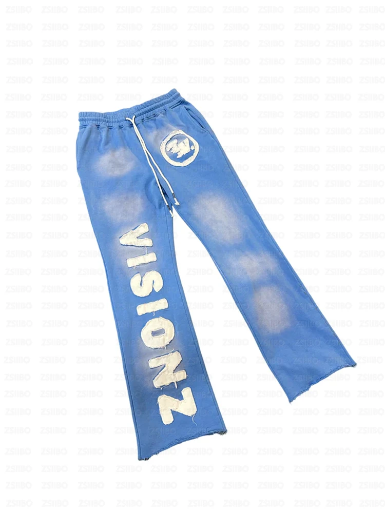 Sommer-Sale: Distressed Gradient Flare Pants – Unisex, elastischer Kordelzug, ausgefranste Buchstaben-Patches, Streetwear, weites Bein, lange Hose – Detail 6