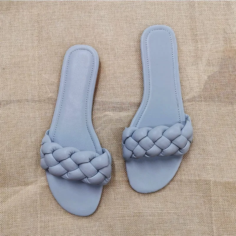 Fashion Open Toe Women Sandals Casual Summer Leather Shoes Woman Slip-on Ladies Slides Beach Solid Weave Modern Flat Sandal