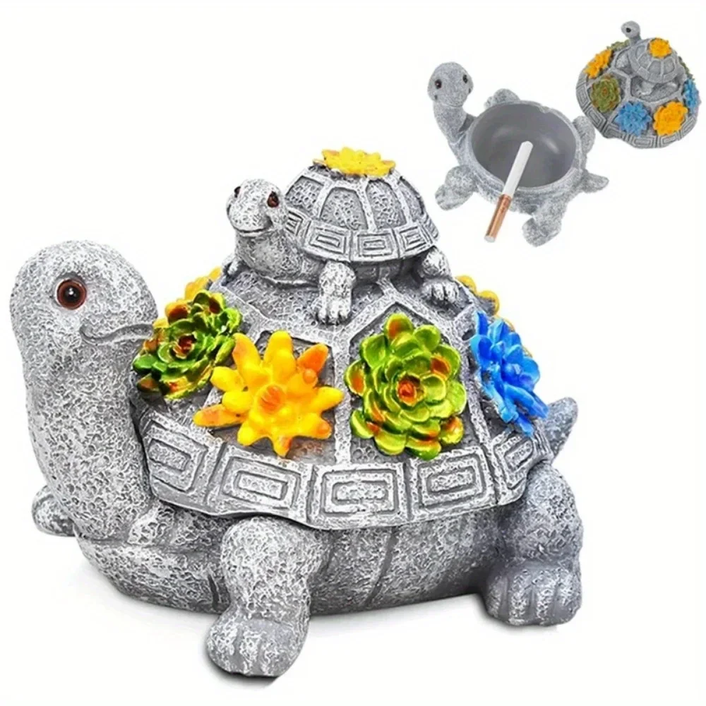 Cendrier tortue mère et enfant avec couvercle, cendrier d'extérieur en résine pour plantes succulentes, idéal pour la maison et le salon, cadeau parfait pour les gadgets masculins
