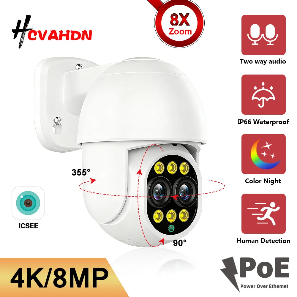 XMEYE 4K 8MP Dual Lens POE PTZ IP Camera Auto Tracking Outdoor 8X Zoom CCTV Security Surveillance Camera Color Night Vision 4MP