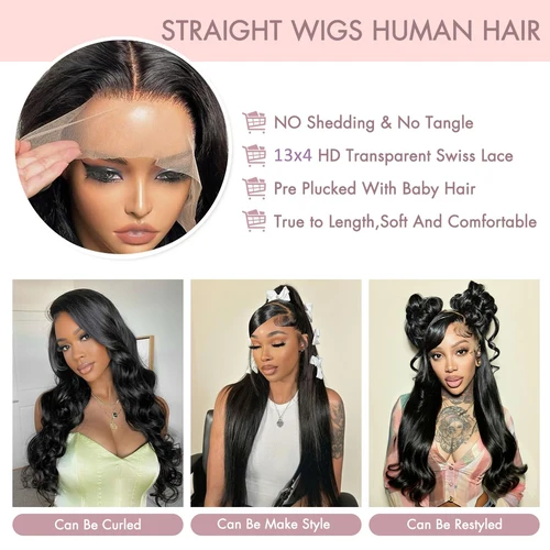 Imagen 2 del producto Peluca Frontal de encaje recto 13x4, peluca con malla Frontal transparente 13x4 prearrancada, pelucas de cabello humano brasileño ondulado para mujeres