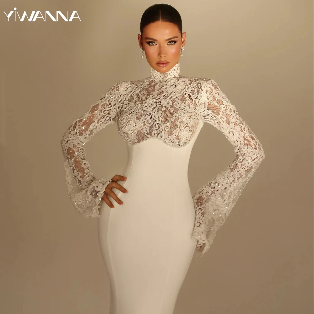 Vestido de novia largo de sirena de encaje con cuentas bordadas brillantes, vestido de novia con manga acampanada y cuello alto, vestidos personalizados para novia 2025