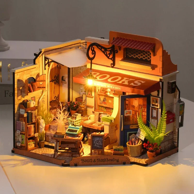 Corner Bookstore Assembled Toys 3D Puzzles Model Kit Wooden DIY Miniature House Kit