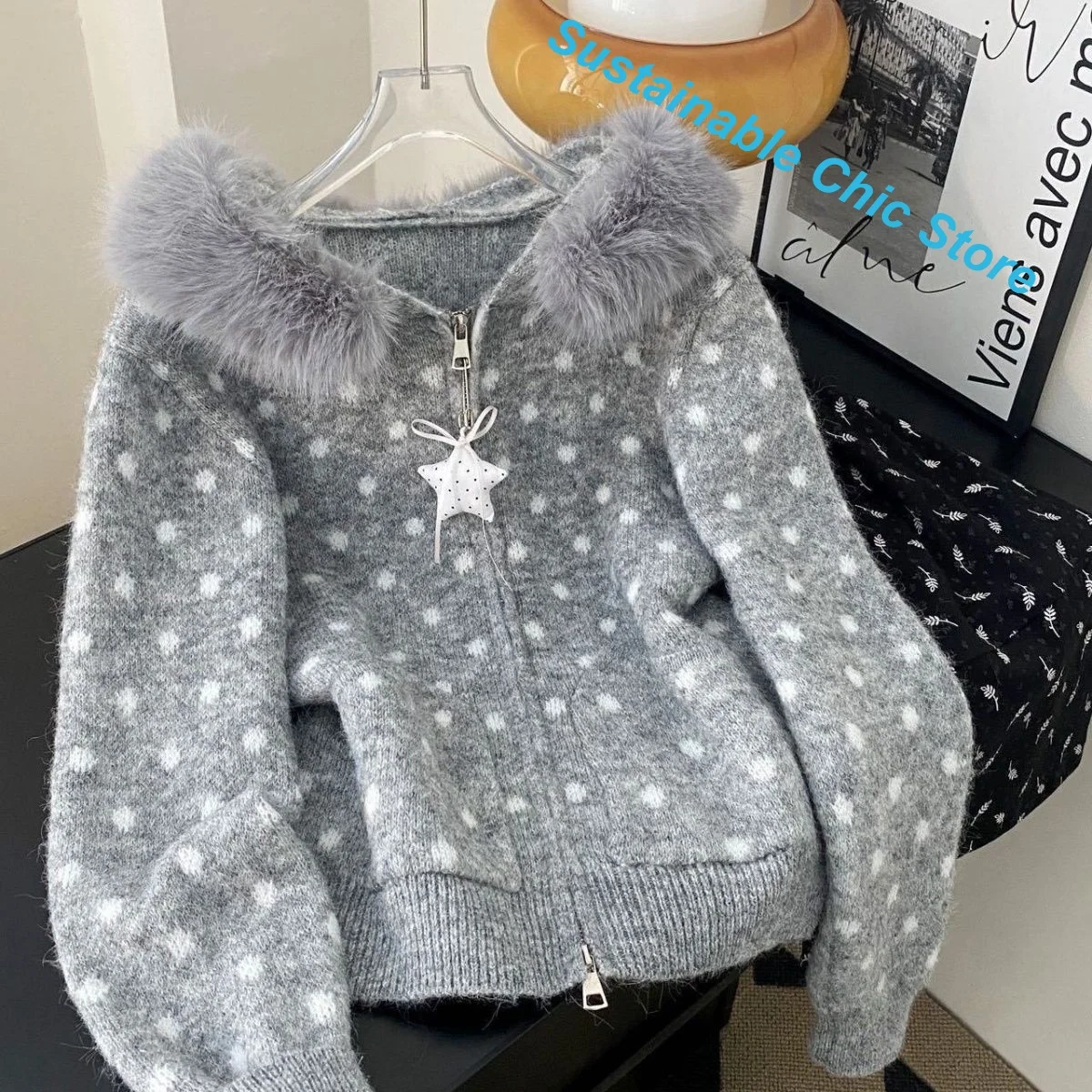 Korean retro lazy polka dot retro jacquard polka dot sweater women's autumn and winter new fashion loose cardigan knit top