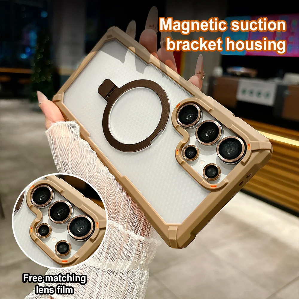 Rugged Shockproof Metal Magnetic Case For Samsung Galaxy S25 S24 Ultra Plus Holder With Camera Lens Glass Film Ring Armor Cover
