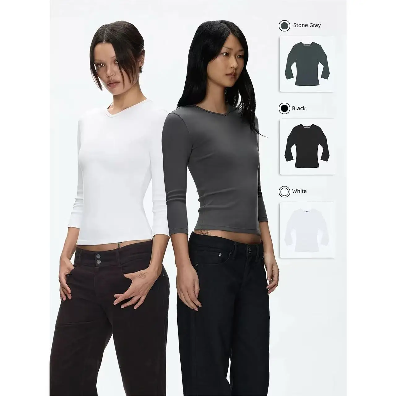 Tank White, Gray-Blue, Small V-Neck, Regular Shoulder, 3/4-Length Sleeve Top, Black Tight, Waist-Cinching T-Shirt as a Base Laye