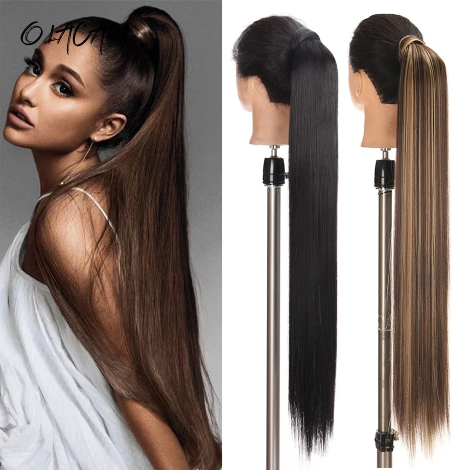 30inches Synthetic Ponytail Hair Extension Clip in Fake Wig Hairpiece Blonde Wrap Around Pigtail Long Smooth Overhead Pony Tail