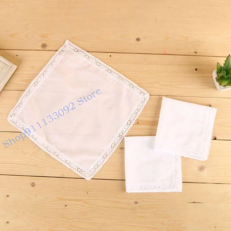 H9ED 25x25cmレディースプレーンホワイトフローラルレーストリムコットンハンカチーズブライダルウェディング