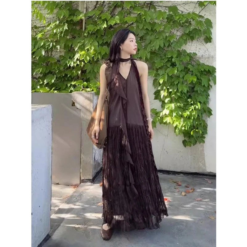 

25 New Arrival Summer Women Dresses Casual Loose Mesh A-line V-neck Sleeveless Ankle-length Spaghetti Strap Camisole Dress T214