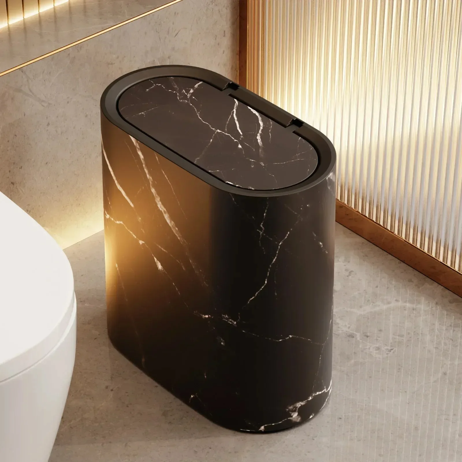 Imitation Marble Wood Grain Manual Press Trash Can With Lid Dustbin For Kitchen Living Room Bathroom Nordic Home Waste Bin