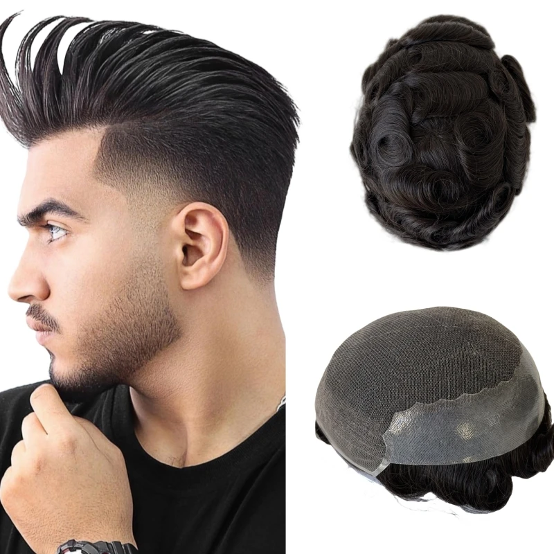 Q6 Lace Toupee Men Europe parrucca maschile per capelli umani parrucca anteriore in pizzo svizzero con sistema di sostituzione dei capelli da uomo in Pu parrucca da uomo capelli naturali