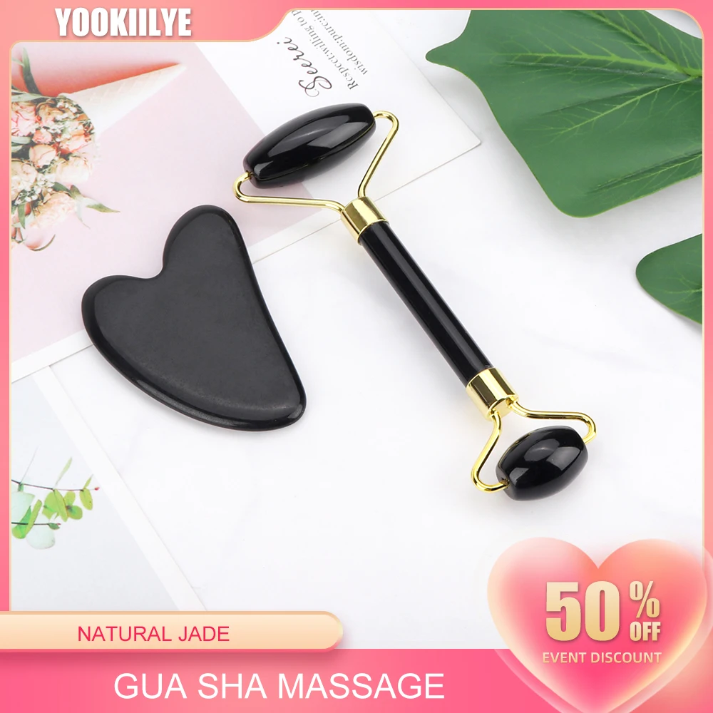 Jade Roller Face Lift Gua Sha Massage Set Obsidian Facial Massage Black Natural Stone Roller Anti Wrinkle Beauty Skin Care Tools