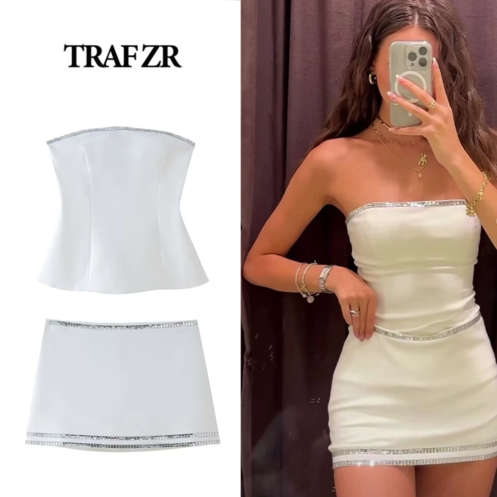 TRAF ZR Gorgeous Two-piece Dress Sets Rhinestone Appliques Women Suit Fasion Sexy Jewel Trim Strapless Top + Mini Straight Skirt