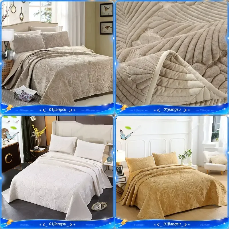 3Pcs Thickened Plush Velvet Quilt Set King Size Lightweight Bedspread Soft Quilted Bed Cover Padding Coverlets Home Textile