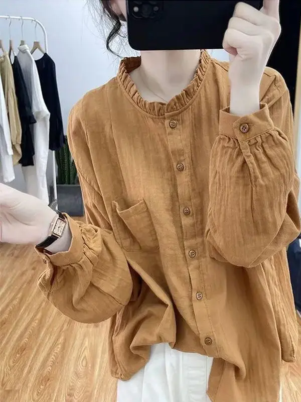 

Свободный крой Long Sve Cotton irt Женский осенний топ большого размера Деревянный фонарь Sve Base irt Эффект похудения Винтажный...